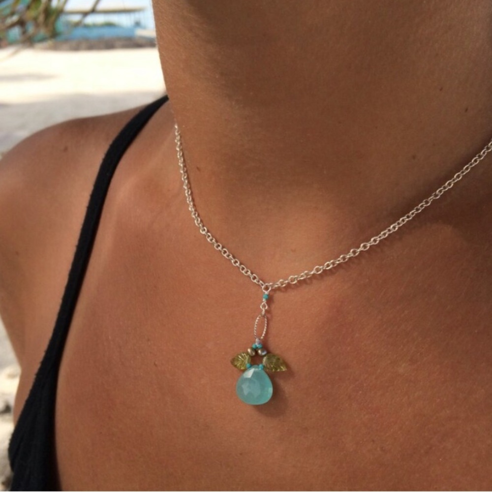 Aqua Chalcedony Carved Peridot Angel Necklace Sterling Silver